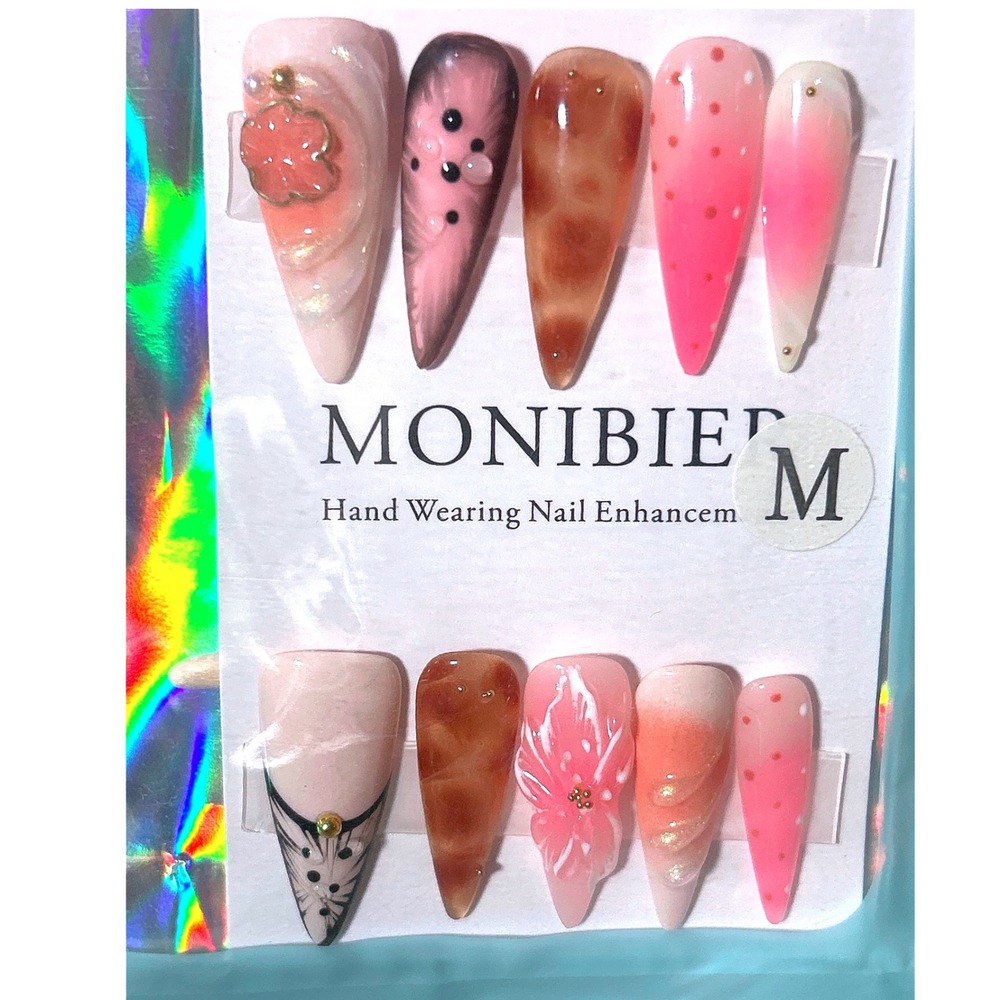 MONIBIER Pink Brown Animal Print Floral Press On Nails Coffin Medium - Picture 2 of 3